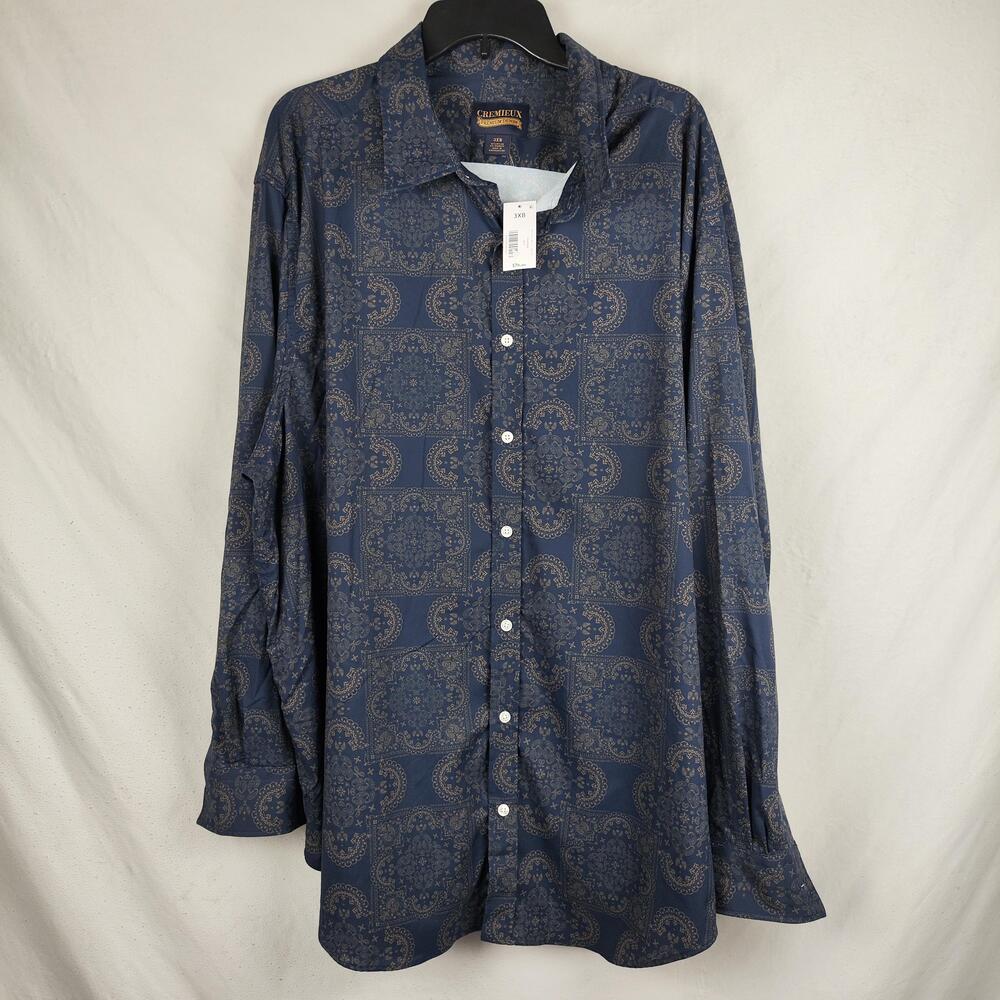 Cremieux Premium Denim Shirt Mens Big 3X Blue Paisley Stretch Button Long Sleeve